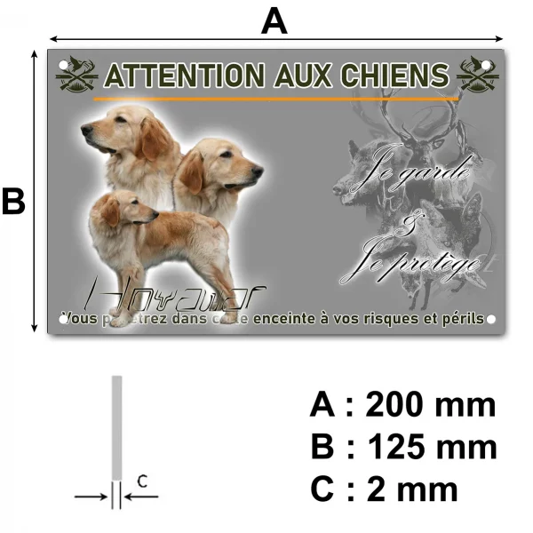 Panneau Trois Golden Retrievers en vue de profil et un texte stylisé.