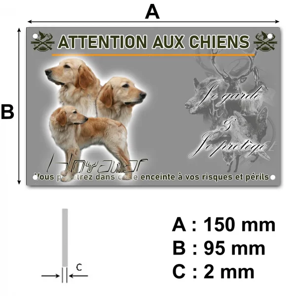 Plaque Trois Golden Retrievers en vue de profil et un texte stylisé.