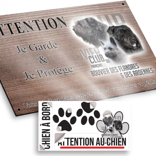 Plaque attention au chien Trois Bouvier des Flandres et des Ardennes en portrait