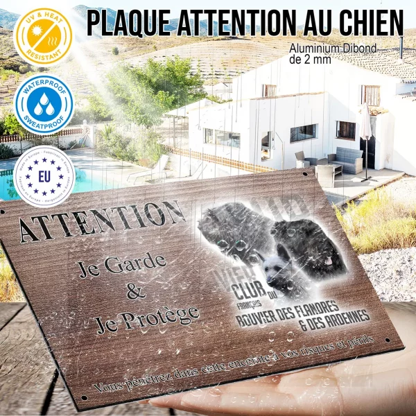 Panneau attention au chien Trois Bouvier des Flandres et des Ardennes en portrait