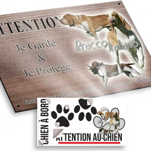 Plaque attention au chien Bracco Italiano en mouvement et en gros plan