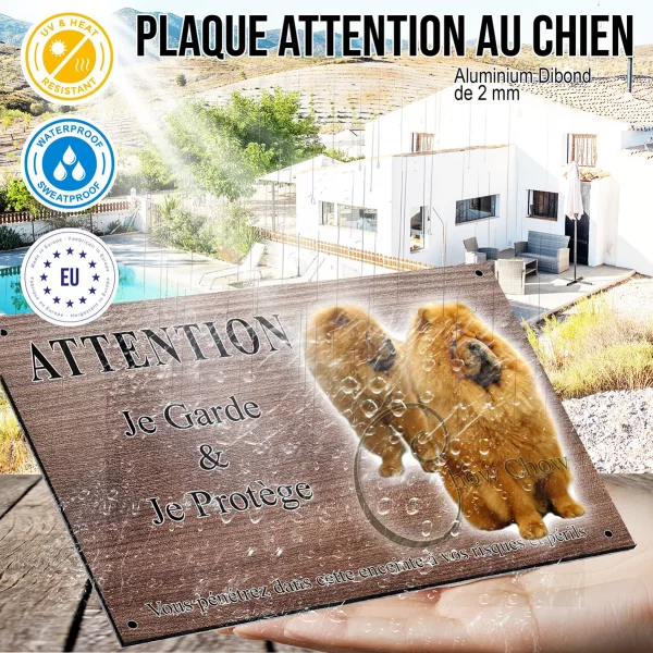 Panneau attention au chien Deux chiens Chow Chow avec une fourrure dense et dorée
