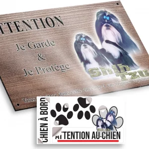 Plaque attention au chien Image de Shih Tzu avec des rubans dans les cheveux