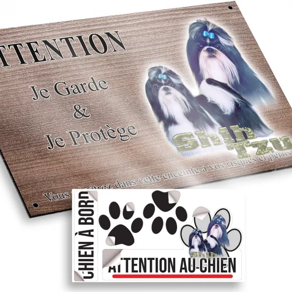 Plaque attention au chien Image de Shih Tzu avec des rubans dans les cheveux