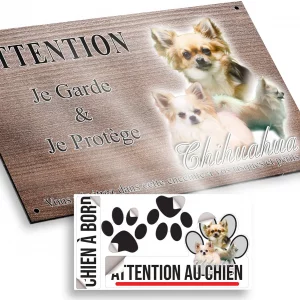 Plaque attention au chien Collage de plusieurs Chihuahuas aux pelages variés