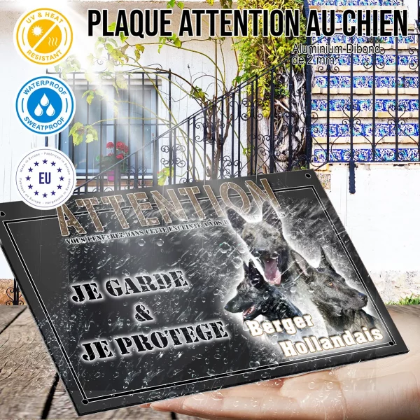 Panneau chien de garde Trois chiens Berger Hollandais en gros plan