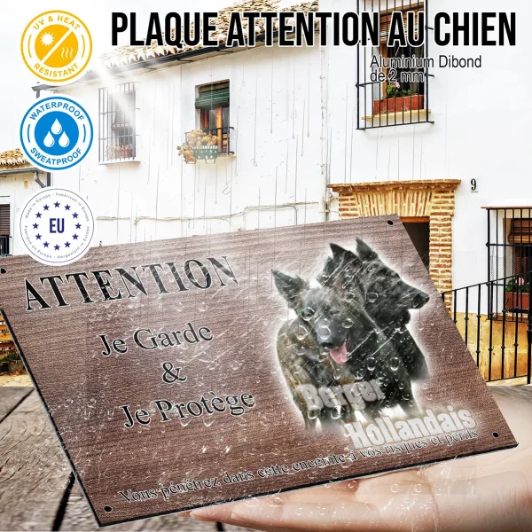 Panneau attention au chien Deux chiens de race Berger Hollandais avec un fond dégradé