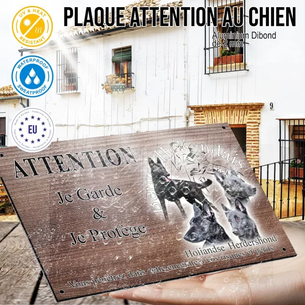 Panneau attention au chien 3 chiens Bergers Hollandais et un en entier
