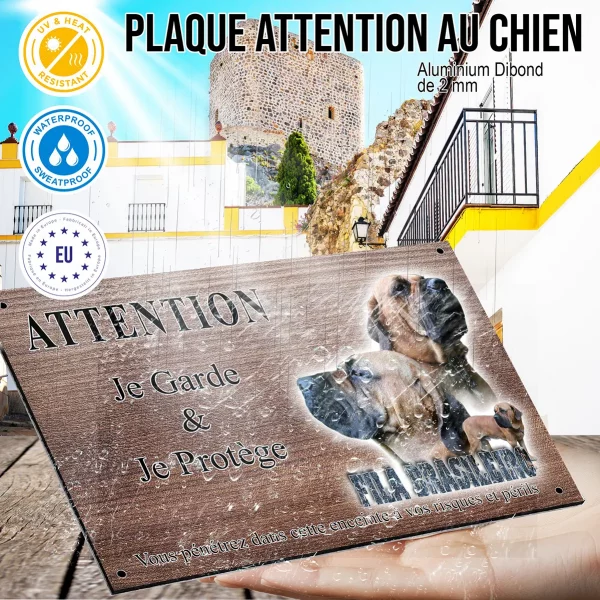 Panneau attention au chien Deux têtes et un chien entier Fila Brasileiro