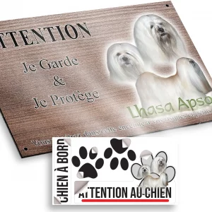 Plaque attention au chien Trois Lhasa Apso avec de longs poils blancs