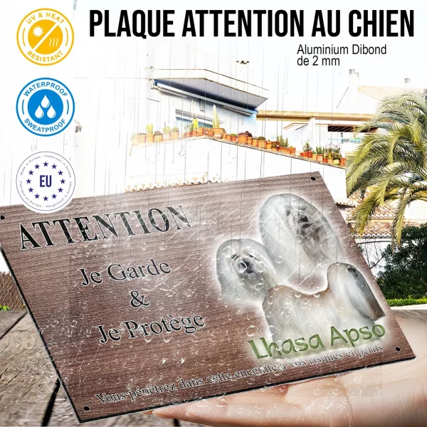 Panneau attention au chien Trois Lhasa Apso avec de longs poils blancs