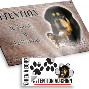 Plaque attention au chien Tête d'un Mastiff Tibétain avec un autre chien en arrière plan
