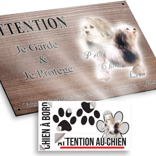 Plaque attention au chien Deux Petit Chien Lion avec un fond coloré