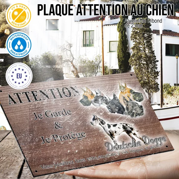 Panneau attention au chien Illustrations de différentes têtes et un chien entier de Deutsche Dogge.