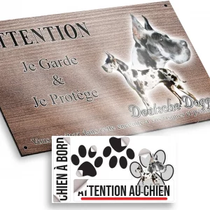 Plaque attention au chien Deutsche Dogge avec un chien entier et une tête en gros plan