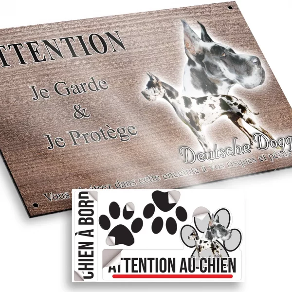 Plaque attention au chien Deutsche Dogge avec un chien entier et une tête en gros plan