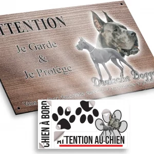 Plaque attention au chien Deutsche Dogge illustrée en noir et blanc avec texte