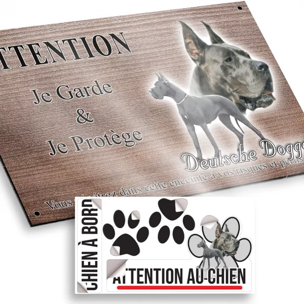 Plaque attention au chien Deutsche Dogge illustrée en noir et blanc avec texte