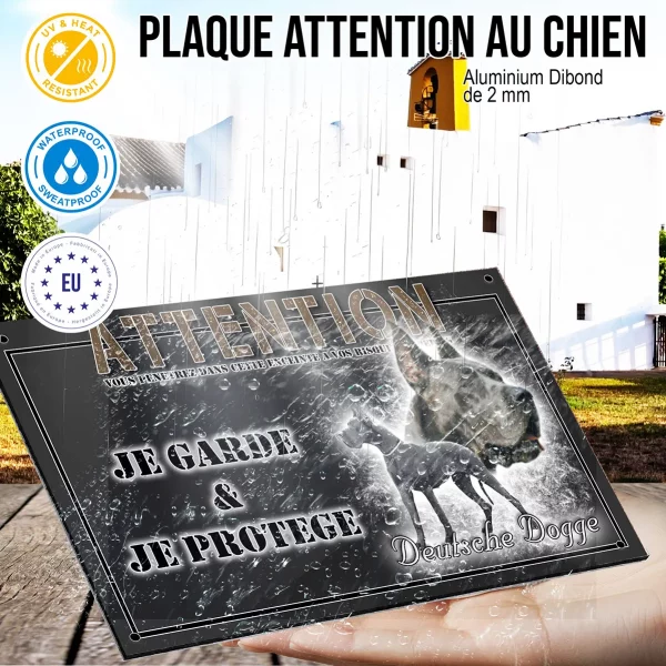 Panneau chien de garde Deutsche Dogge illustrée en noir et blanc avec texte