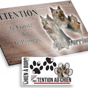 Plaque attention au chien Trois Silky Terriers avec des sourires joyeux
