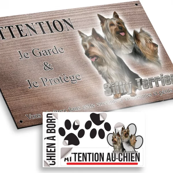 Plaque attention au chien Trois Silky Terriers avec des sourires joyeux