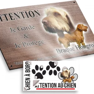 Plaque attention au chien Braque Hongrois avec un chien en gros plan et entier