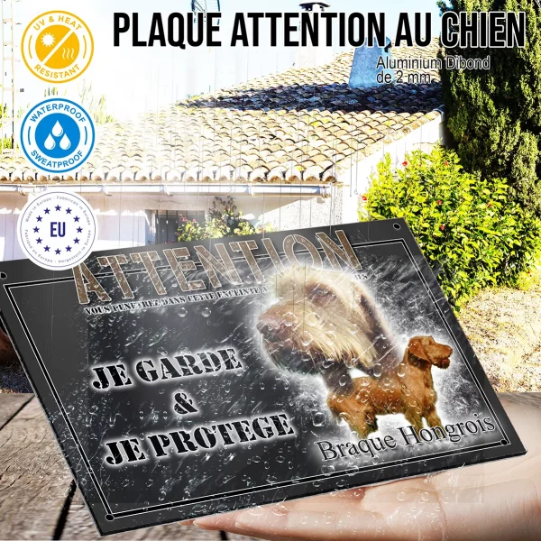 Panneau chien de garde Braque Hongrois avec un chien en gros plan et entier