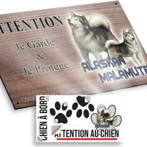 Plaque attention au chien Deux Alaskan Malamutes sur fond transparent avec texte.