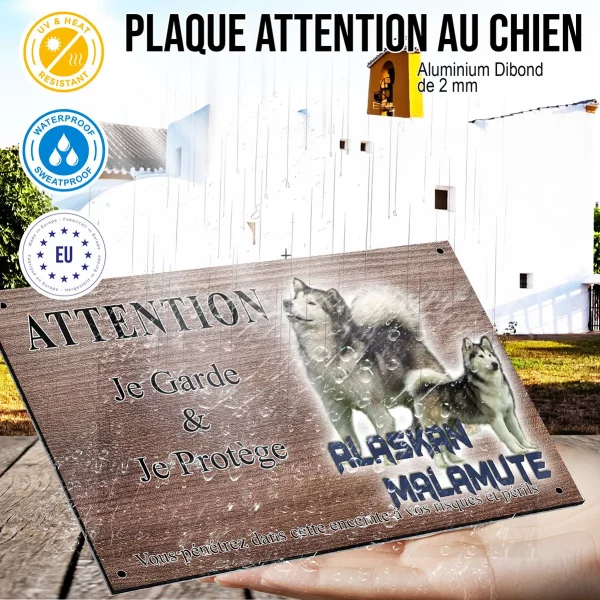 Panneau attention au chien Deux Alaskan Malamutes sur fond transparent avec texte.