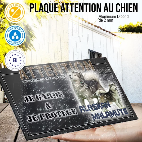 Panneau chien de garde Deux Alaskan Malamutes sur fond transparent avec texte.