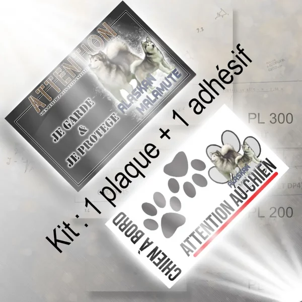 Plaque chien de chasse Deux Alaskan Malamutes sur fond transparent avec texte.
