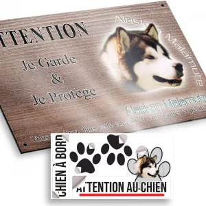 Plaque attention au chien Alaskan Malamute avec texte artistique