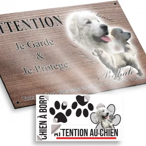 Plaque attention au chien Trois Podhalans avec un fond stylisé et écrit Podhalan