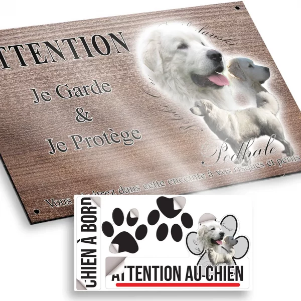 Plaque attention au chien Trois Podhalans avec un fond stylisé et écrit Podhalan