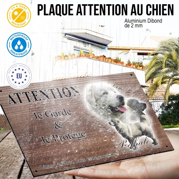 Panneau attention au chien Trois Podhalans avec un fond stylisé et écrit Podhalan