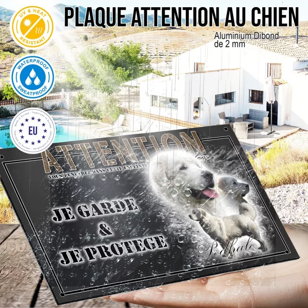 Panneau chien de garde Trois Podhalans avec un fond stylisé et écrit Podhalan