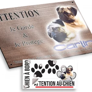 Plaque attention au chien Deux Carlins avec des expressions différentes sur fond coloré