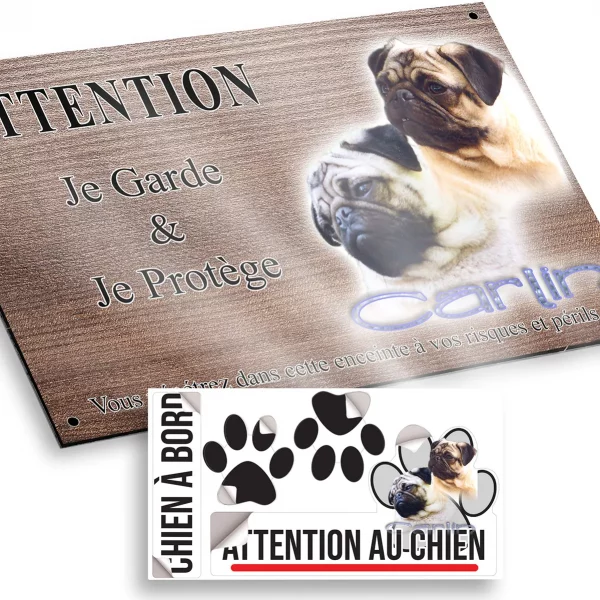 Plaque attention au chien Deux Carlins avec des expressions différentes sur fond coloré