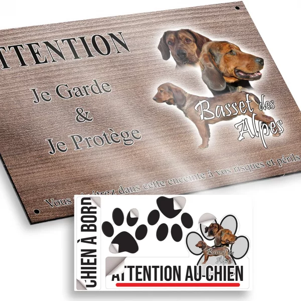 Plaque attention au chien Basset des Alpes avec trois chiens en différents angles