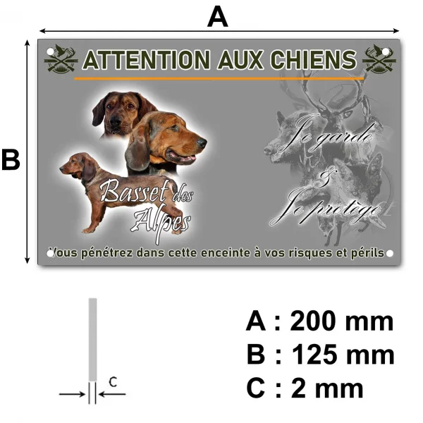 Panneau Basset des Alpes avec trois chiens en différents angles