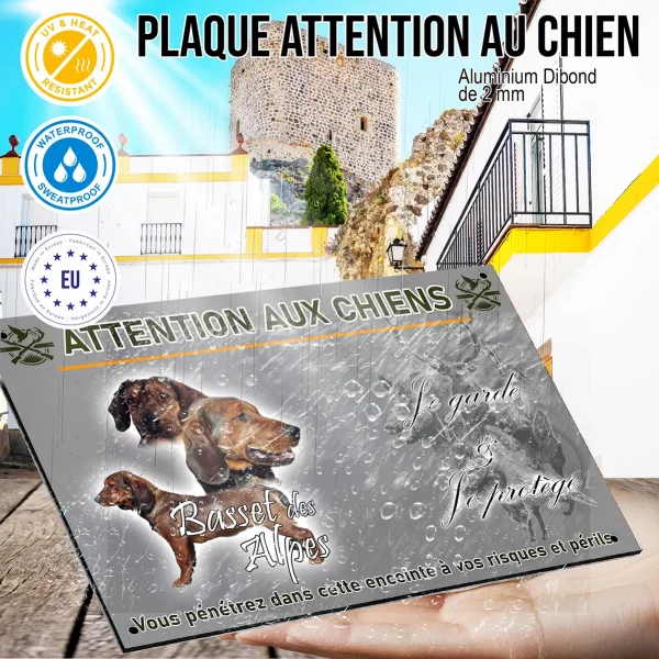 Panneau Basset des Alpes avec trois chiens en différents angles