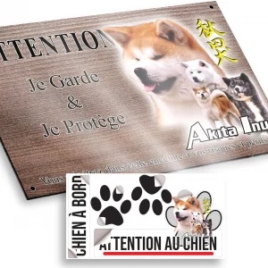Plaque attention au chien 4 chiens Akita Inu avec différentes couleurs de pelage