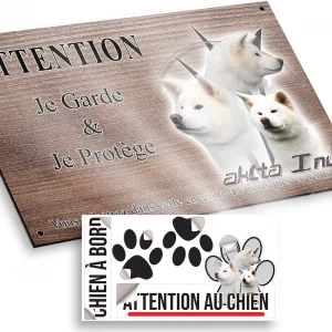 Plaque attention au chien Trois Akita Inu sur fond stylisé avec texte