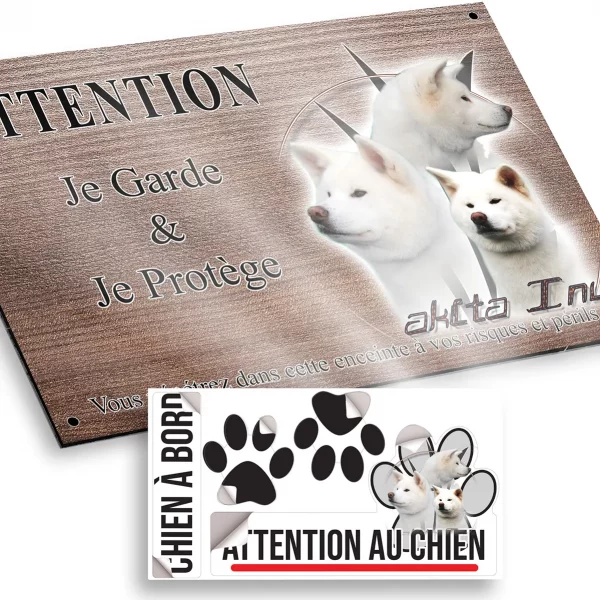 Plaque attention au chien Trois Akita Inu sur fond stylisé avec texte