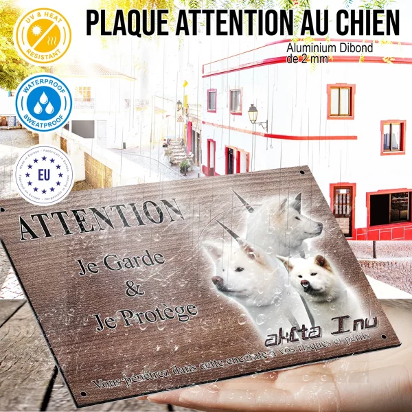 Panneau attention au chien Trois Akita Inu sur fond stylisé avec texte