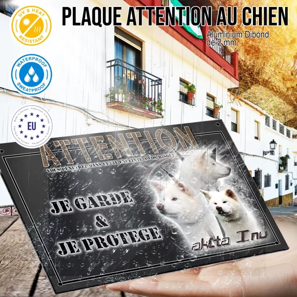Panneau chien de garde Trois Akita Inu sur fond stylisé avec texte