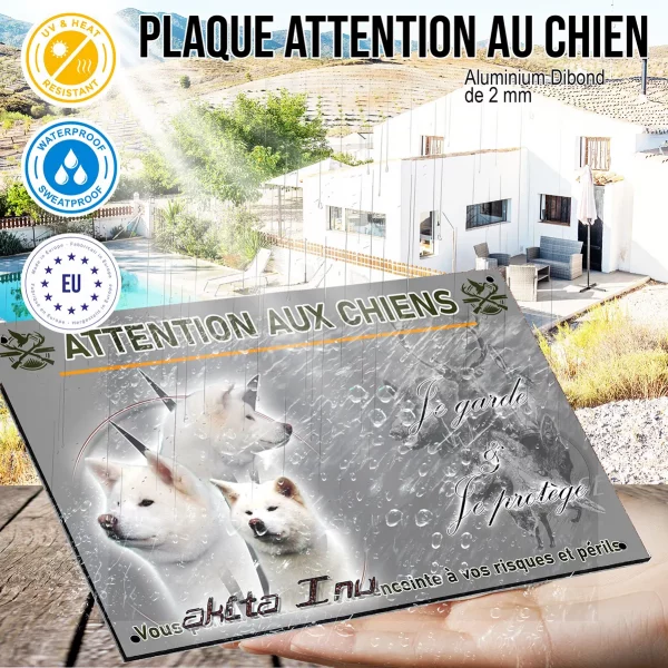 Panneau Trois Akita Inu sur fond stylisé avec texte