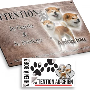 Plaque attention au chien Akita Inu montrant trois angles différents de son visage