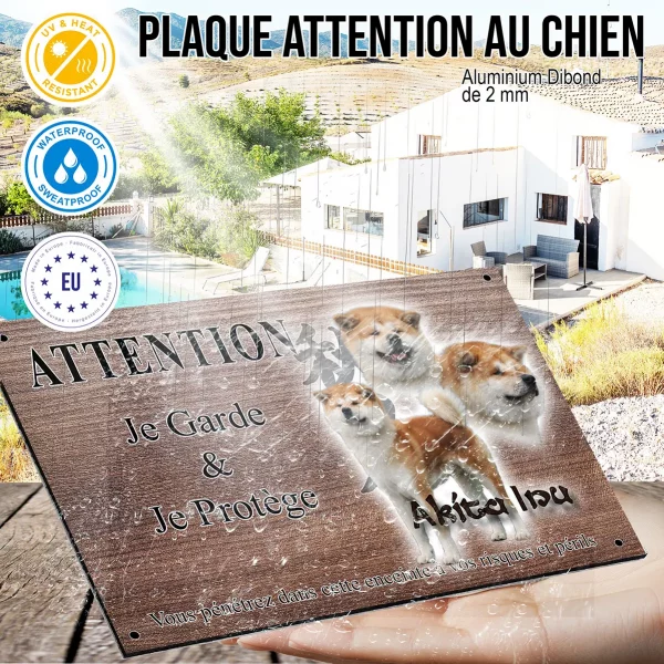 Panneau attention au chien Akita Inu montrant trois angles différents de son visage