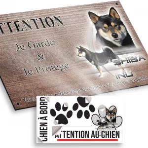 Plaque attention au chien Illustration d'un Shiba Inu avec un fond coloré